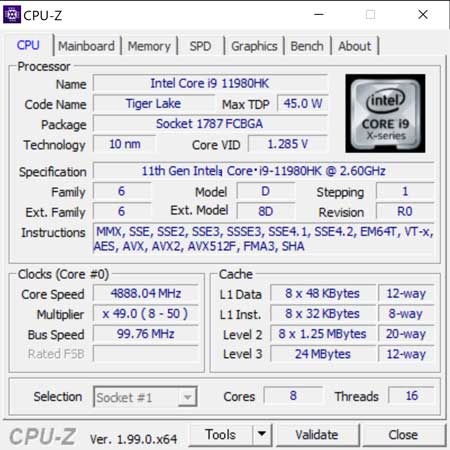 CPU-ZŁu11 Ce Core i9 11980HK (8-RA, 24MB L3 LbV, Turbo Boostōő 5.0GHz܂)v