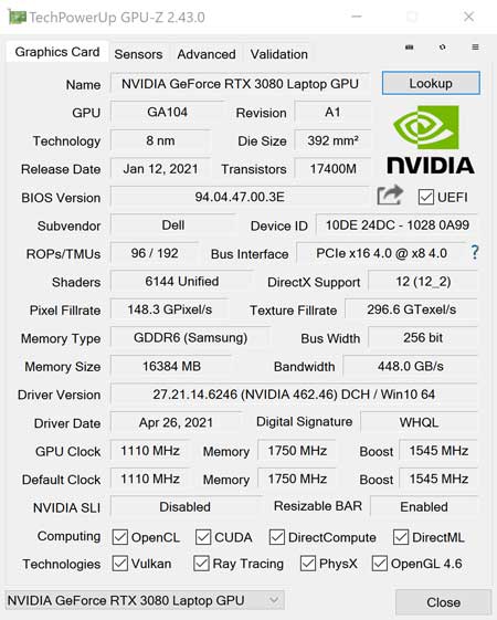 GPU-ZŁuNVIDIA GeForce RTX 3080 16GB GDDR6v