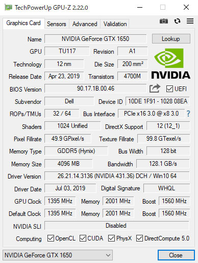 NVIDIA GeForce GTX 1650GPU-ZŌB