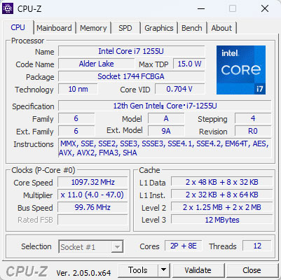 u12 Ce Core i7-1255U (12 MB LbV, 10 RA, 12 Xbh,ő 4.70 GHz ܂ŉ\)vCPU-ZŌ
