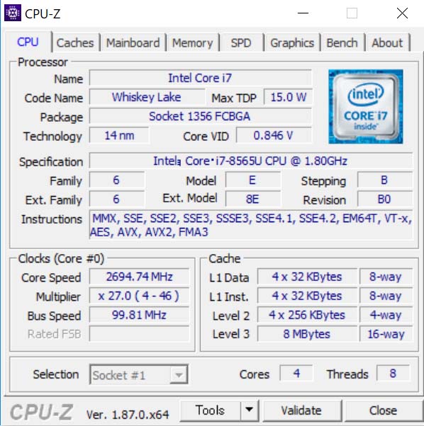 CPU-ZŁuCore i7-8565U vZbT[v