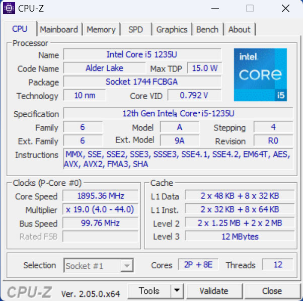 u12 Ce Core i5-1235U (10 RA,12MB LbV, ő 4.4 GHz܂ŉ\ )vCPU-ZŌ