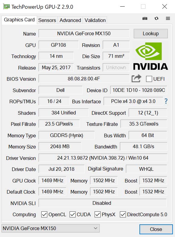 uNVIDIA GeForce MX150 2GB GDDR5 OtBbNX tvGPU-ZŌB