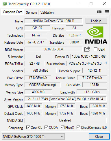GPU-ZŁuNVIDIA GeForce GTX 1050 Ti 4GB GDDR5 OtBbNX tv