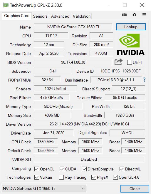 uNVIDIA GeForce GTX 1650 Ti 4GB GDDR6vGPU-ZŌB