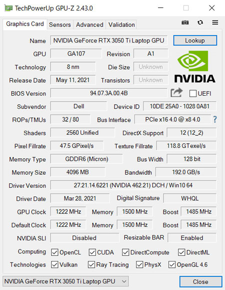 uNVIDIA GeForce RTX 3050 Ti 4GB GDDR6vGPU-ZŌ