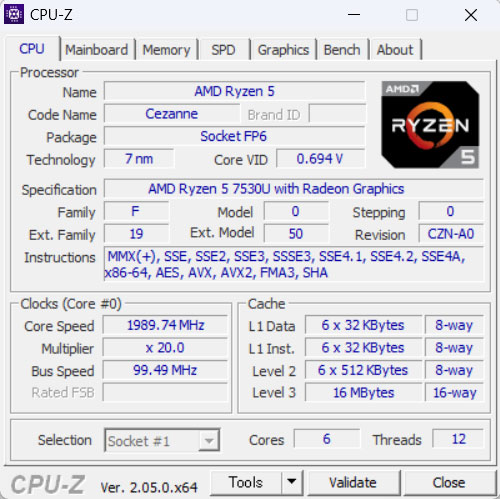 AMD Ryzen 5 7530U 6-RA/12-Xbh vZbT[ Radeon OtBbNXt