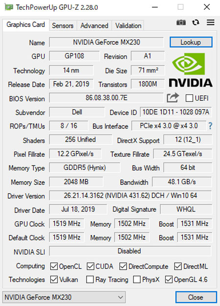 GPU-ZŁuGeForce MX230 2GB GDDR5vB