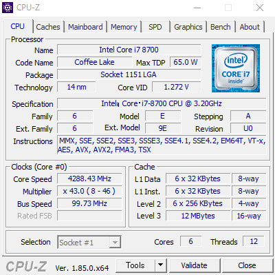 CPU-ZŁu8 Ce Core i7-8700 vZbT[ (12MB LbV, ő 4.6 GHz܂ŉ\)vB