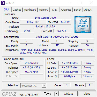 CPU-ZŁu7 Ce Core i5-7400 vZbT[ (6MB LbV, ő 3.00 GHz܂ŉ\)v