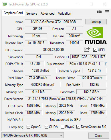 NVIDIA GeForce GTX 1060 6GB GDDR5 OtBbNX  t