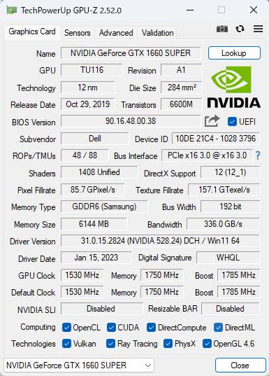 uNVIDIA GeForce GTX 1660 SUPER 6GB GDDR6vGPU-ZŌB