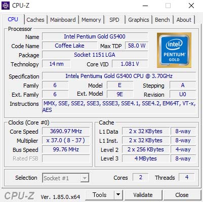 CPU-ZŁuCe Pentium Gold vZbT[ G5400 (4M LbV, ő 3.7 GHz ܂ŉ\)vB