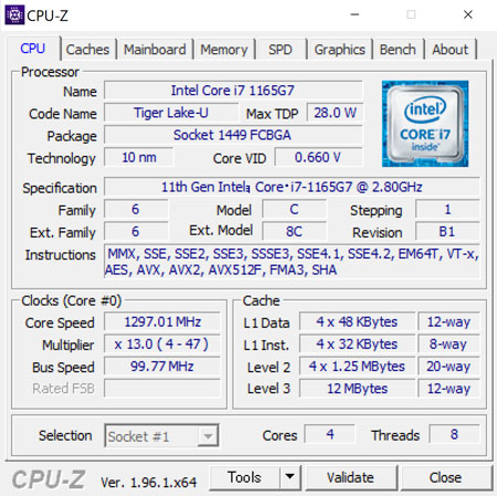 CPU-ZŁu11 Ce Core i7-1165G7 vZbT[ (12MB LbV, up to 4.7 GHz)v