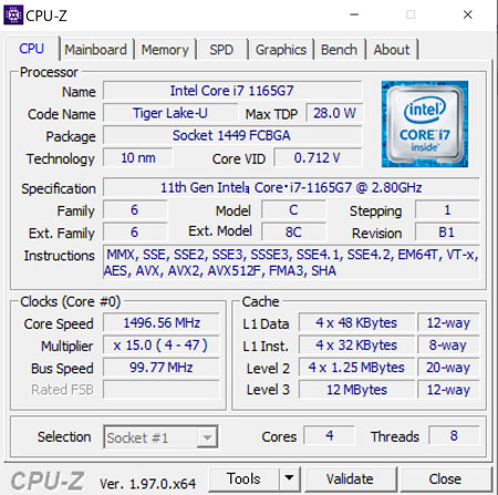 CPU-ZŁu11 Ce Core i7-1165G7 vZbT[ (12MB LbV, ő 4.7 GHz܂ŉ\)v