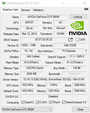 GPU-ZŁuNVIDIA GeForce GTX 960M 2GB GDDR5vB