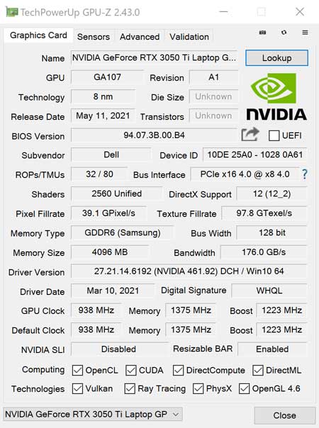 uNVIDIA GeForce RTX 3050 Ti, 4 GB GDDR6, 45 WvGPU-ZŌ