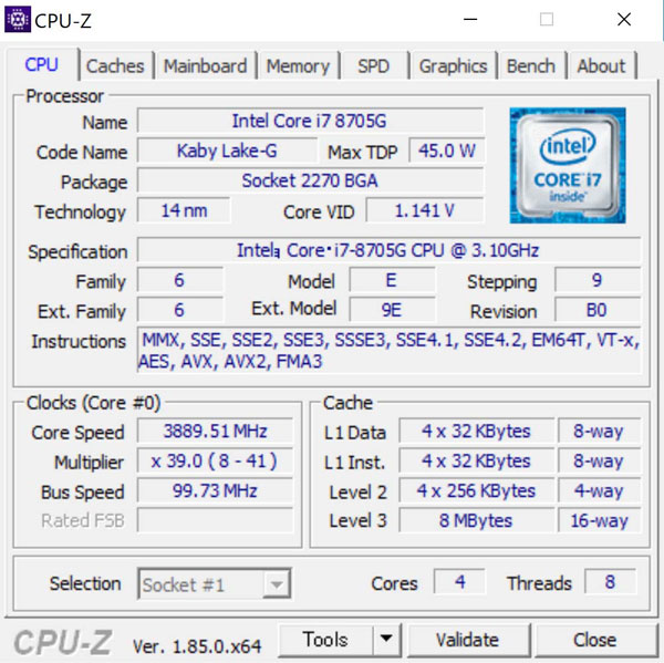 CPU-ZŁuW Core i7-8705Gv
