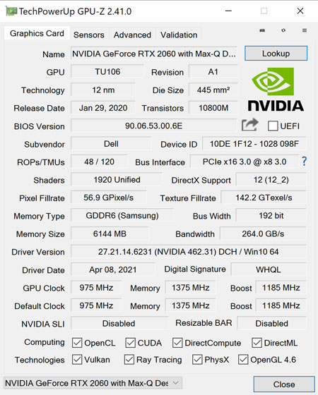 uNVIDIA GeForce RTX 2060 6GB GDDR6 Max-Q fUC tvGPU-ZŌB