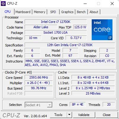 CPU-ZŁu12 Ce Core i7 12700KF (12-RA, 25MB LbV, 3.6GHz  5GHz w/Turbo Boost Max 3.0)vB