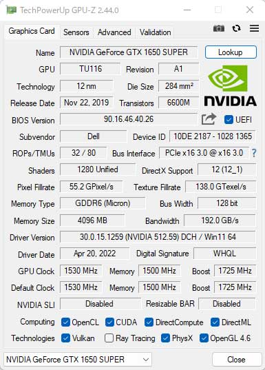 GPU-ZŁuNVIDIA GeForce GTX 1650 SUPER, 4GB GDDR6v